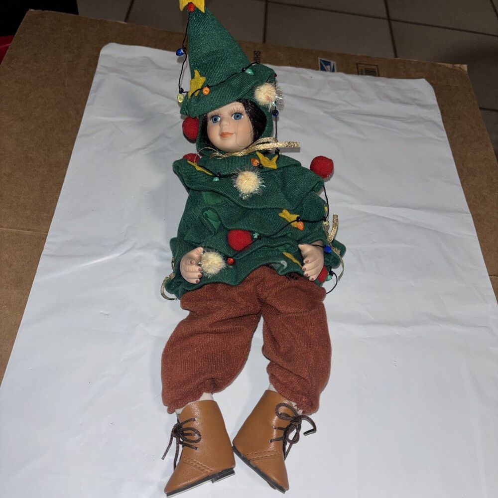 Vintage Cracker Barrel Porcelain Christmas Doll Elf Shelf Sitter